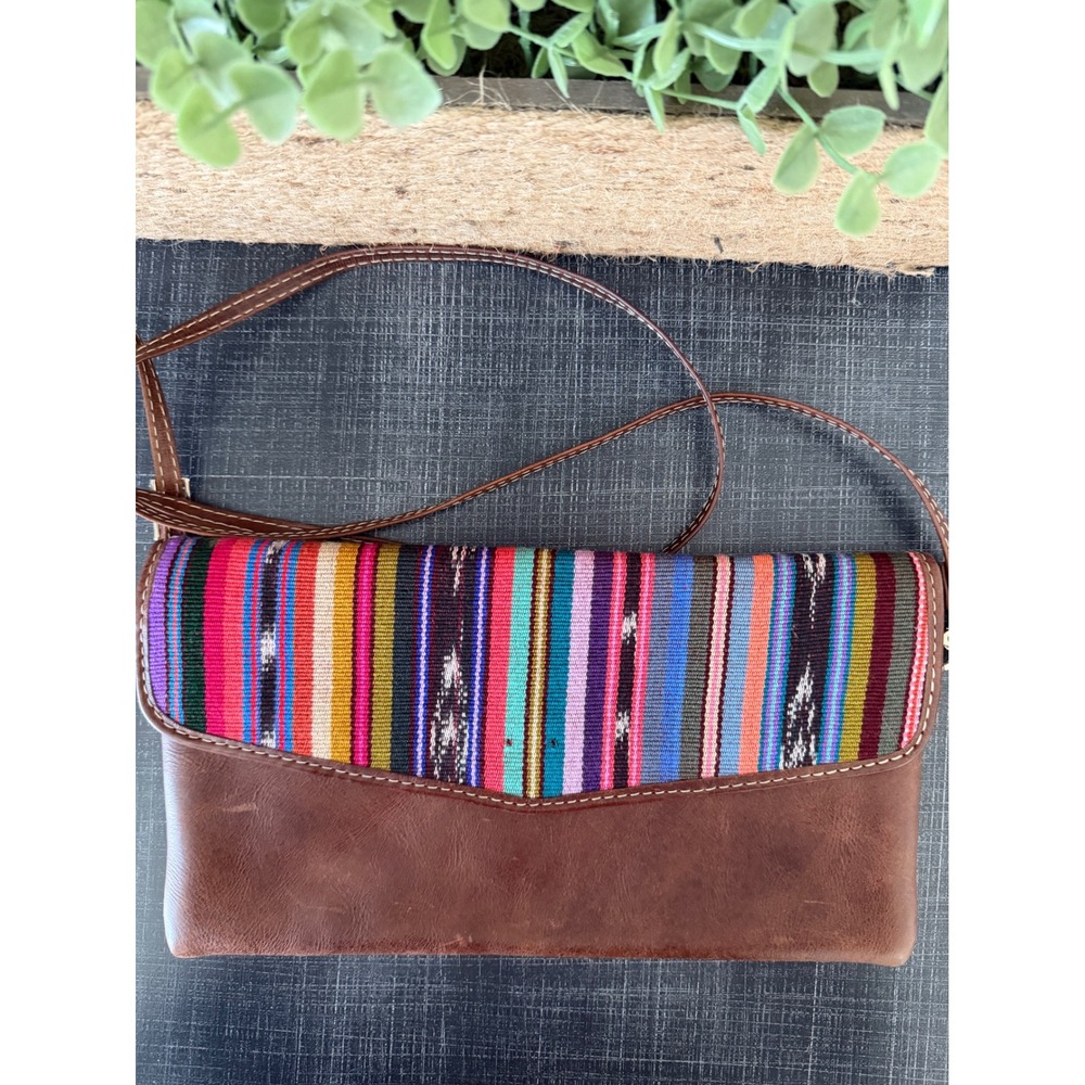 Boho Leather Woven Textile Crossbody Bag Multi Color Striped Clutch Brown